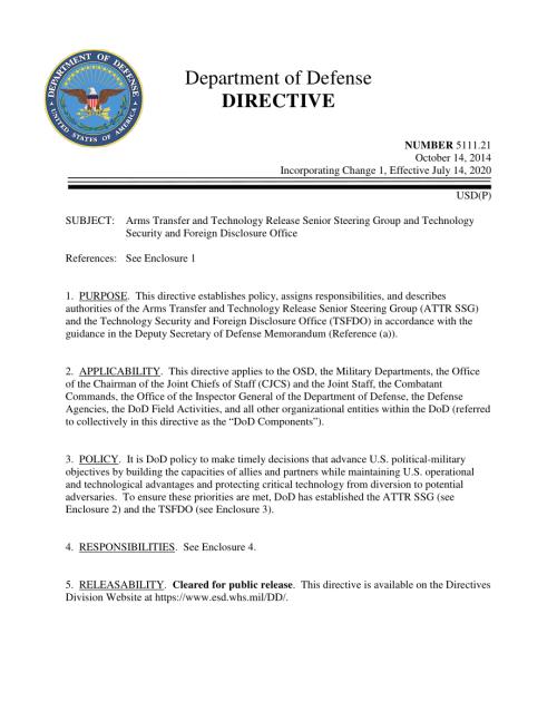 DoDD 5111.21 武器转让和技术释放高级指导小组以及技术安全和对外披露办公室.pdf