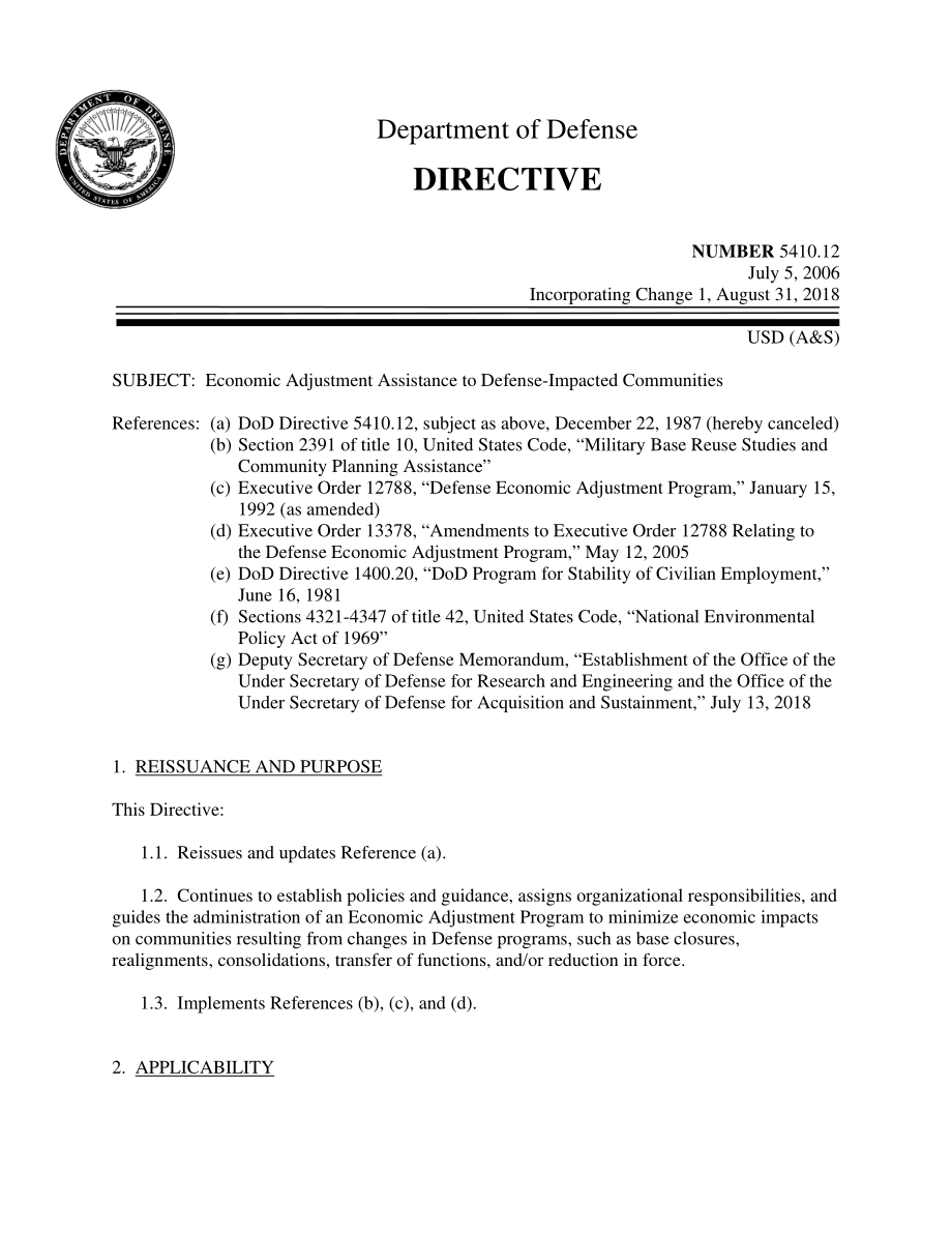 DoDD 5410.12 对受国防影响社区的经济调整援助.pdf_第1页