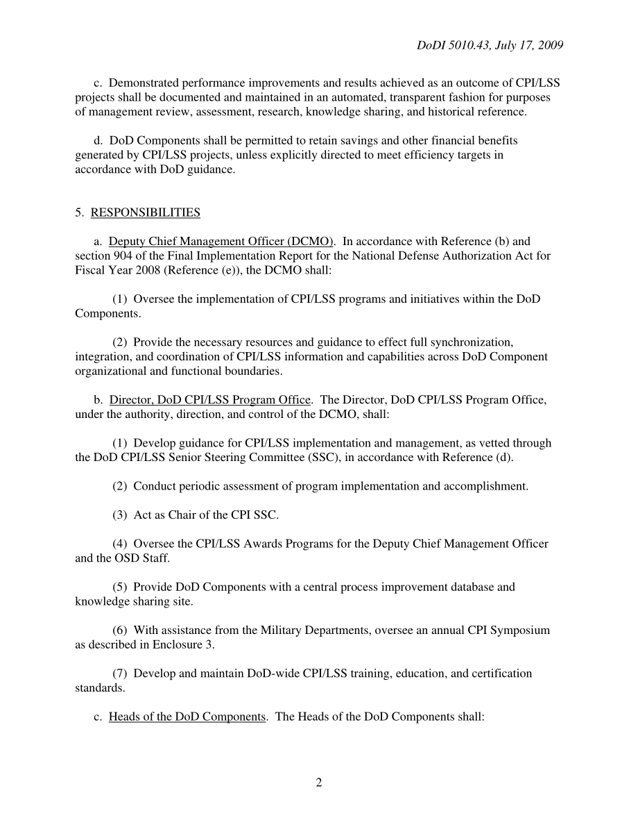 DoDI 5010.43 国防部范围内持续流程改进精益六西格玛（CPILSS）计划的实施和管理.pdf_第2页