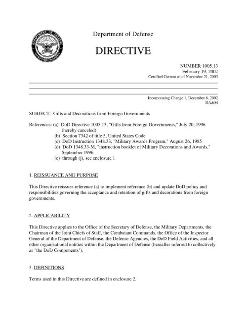 DoDD 1005.13 外国政府的礼物和装饰品.pdf
