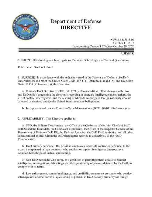 DoDD 3115.09 国防部情报审讯、被拘留者汇报和战术询问.pdf