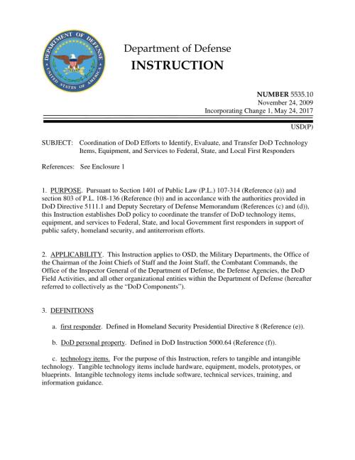 DoDI 5535.10 协调国防部识别、评估和转移国防部技术物品、设备和服务给联邦、州和地方急救人员的工作.pdf