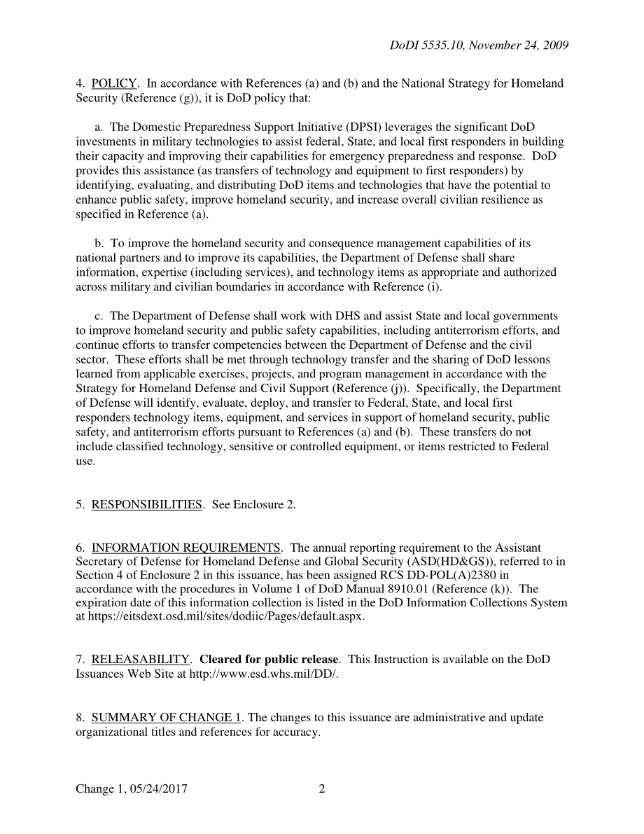 DoDI 5535.10 协调国防部识别、评估和转移国防部技术物品、设备和服务给联邦、州和地方急救人员的工作.pdf_第2页