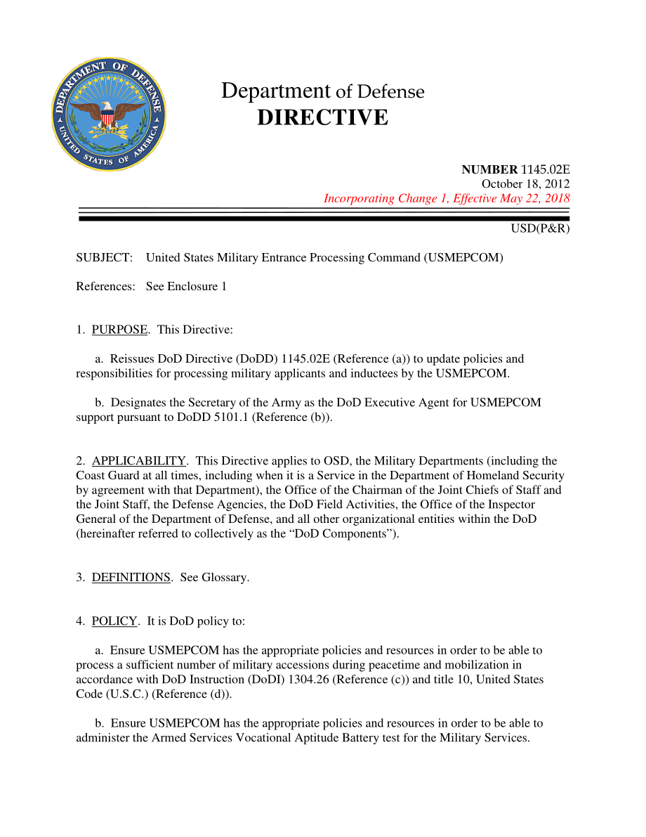 DoDD 1145.02E 美国军事入口处理司令部（USMEPCOM）.pdf_第1页