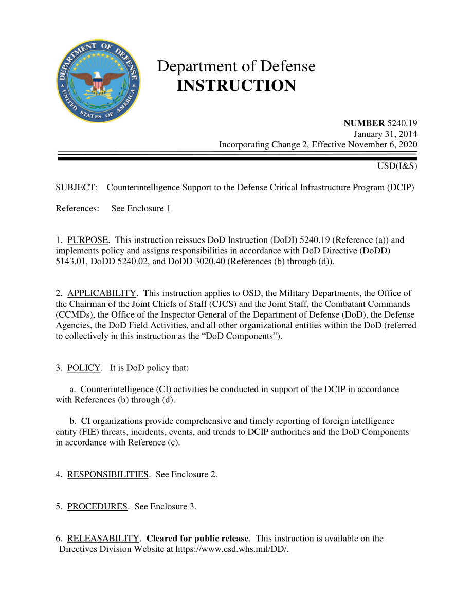 DoDI 5240.19 对国防关键基础设施计划（DCIP）的反情报支持.pdf_第1页