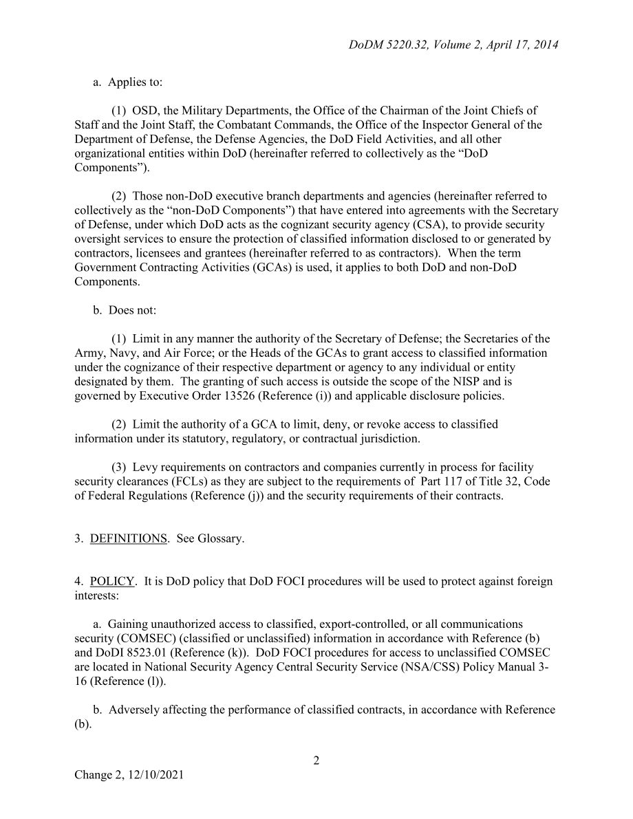 DoDM 5220.32 Volume 2 国家工业安全计划：与外国所有权、控制或影响有关的政府活动程序（FOCI）.pdf_第2页
