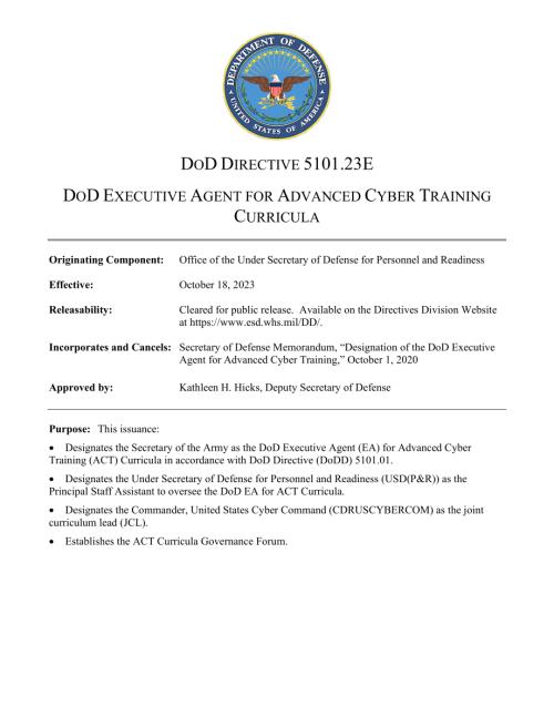 DoDD 5101.23E 国防部高级网络培训课程执行代理.pdf