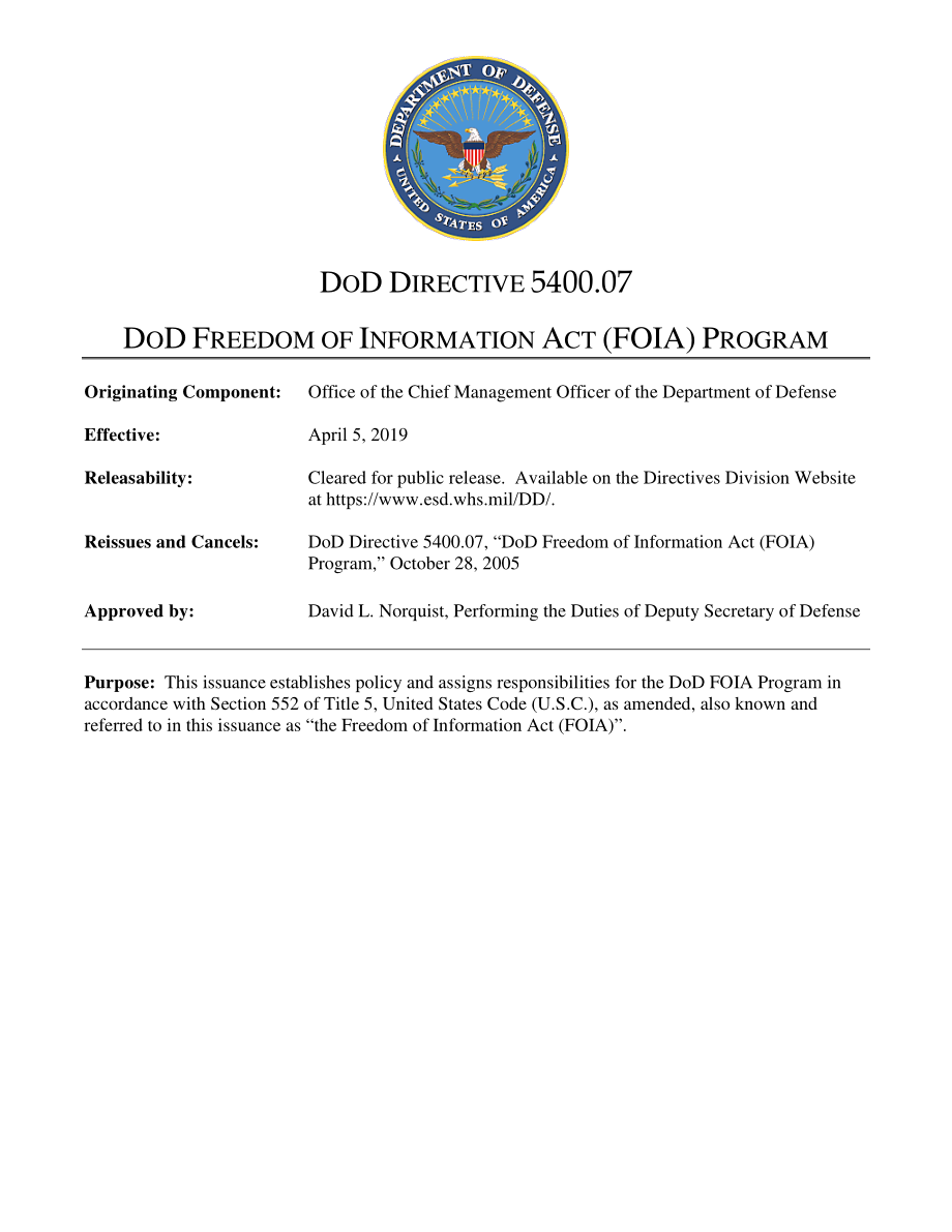 DoDD 5400.07 国防部信息自由法案（FOIA）计划.pdf_第1页