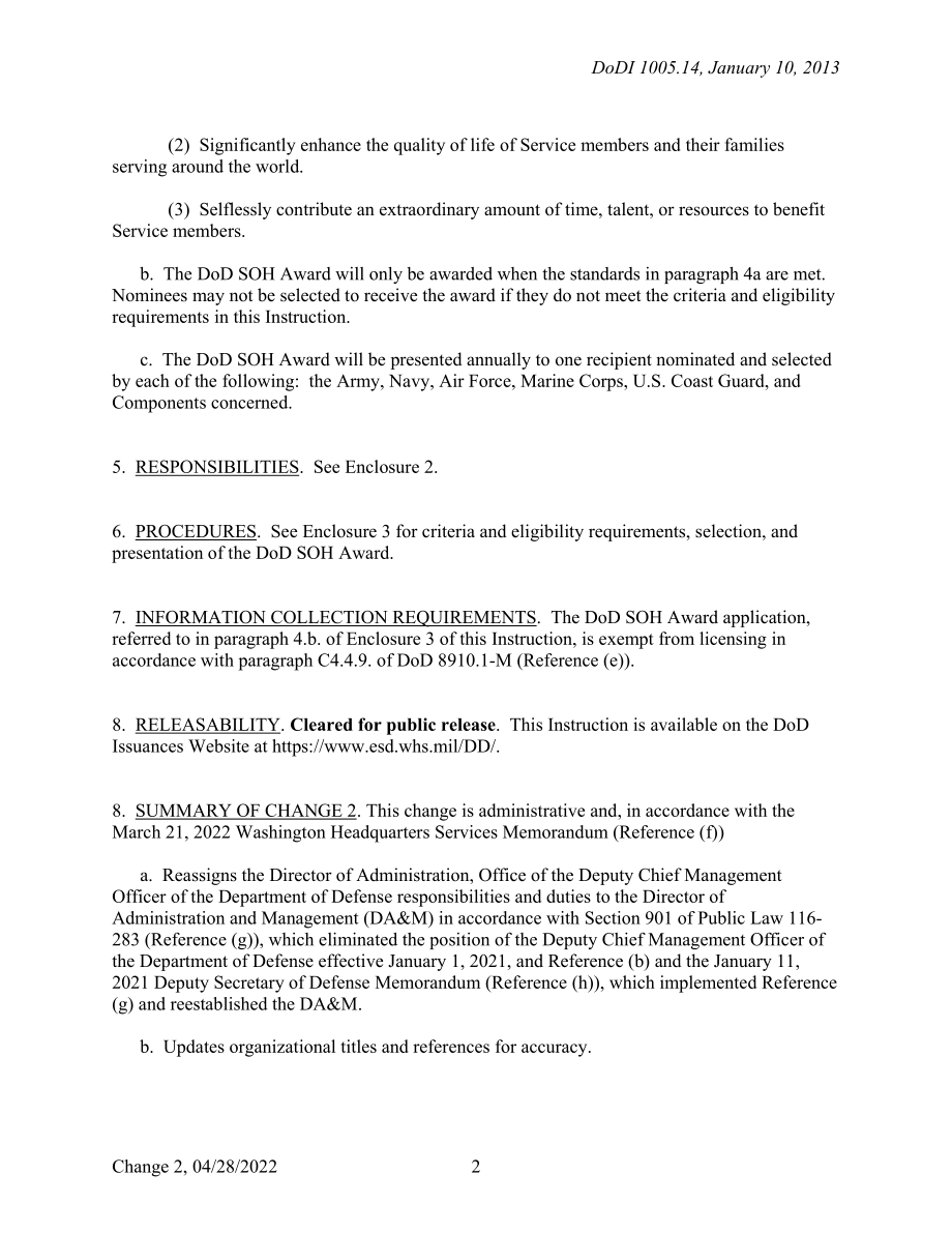 DoDI 1005.14 国防部希望精神（SOH）奖.pdf_第2页