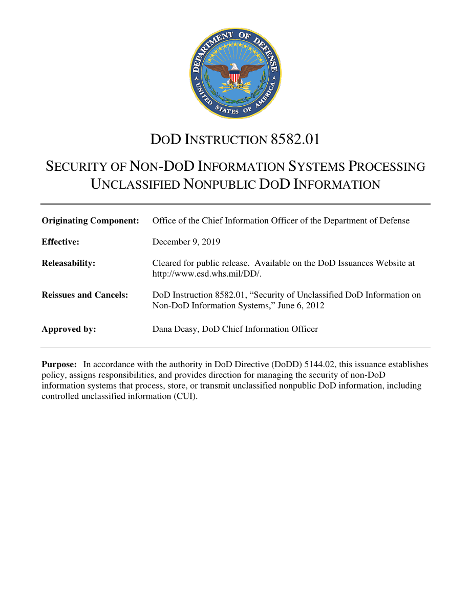 DoDI 8582.01 非国防部信息系统处理非机密非公开国防部信息的安全性.pdf_第1页