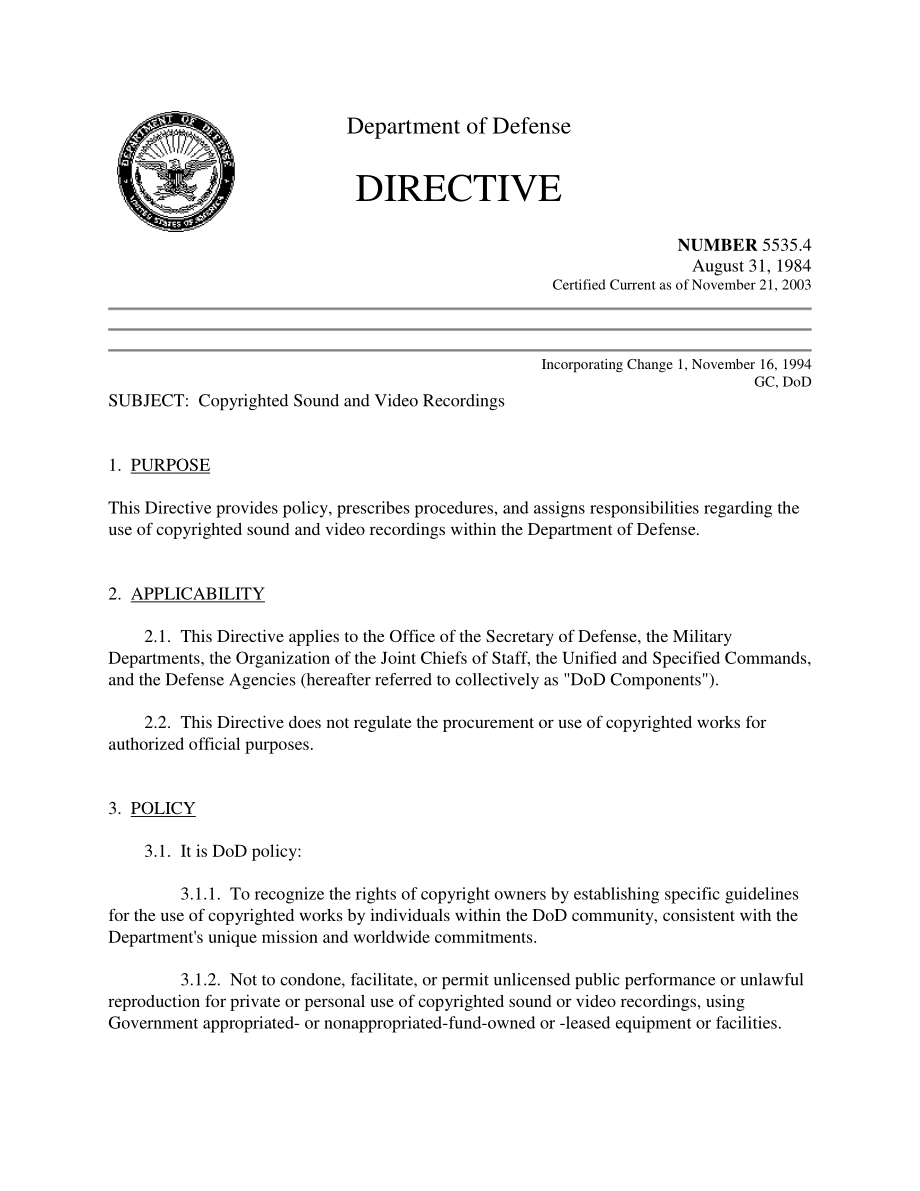 DoDD 5535.4 版权所有的声音和视频录制.pdf_第1页