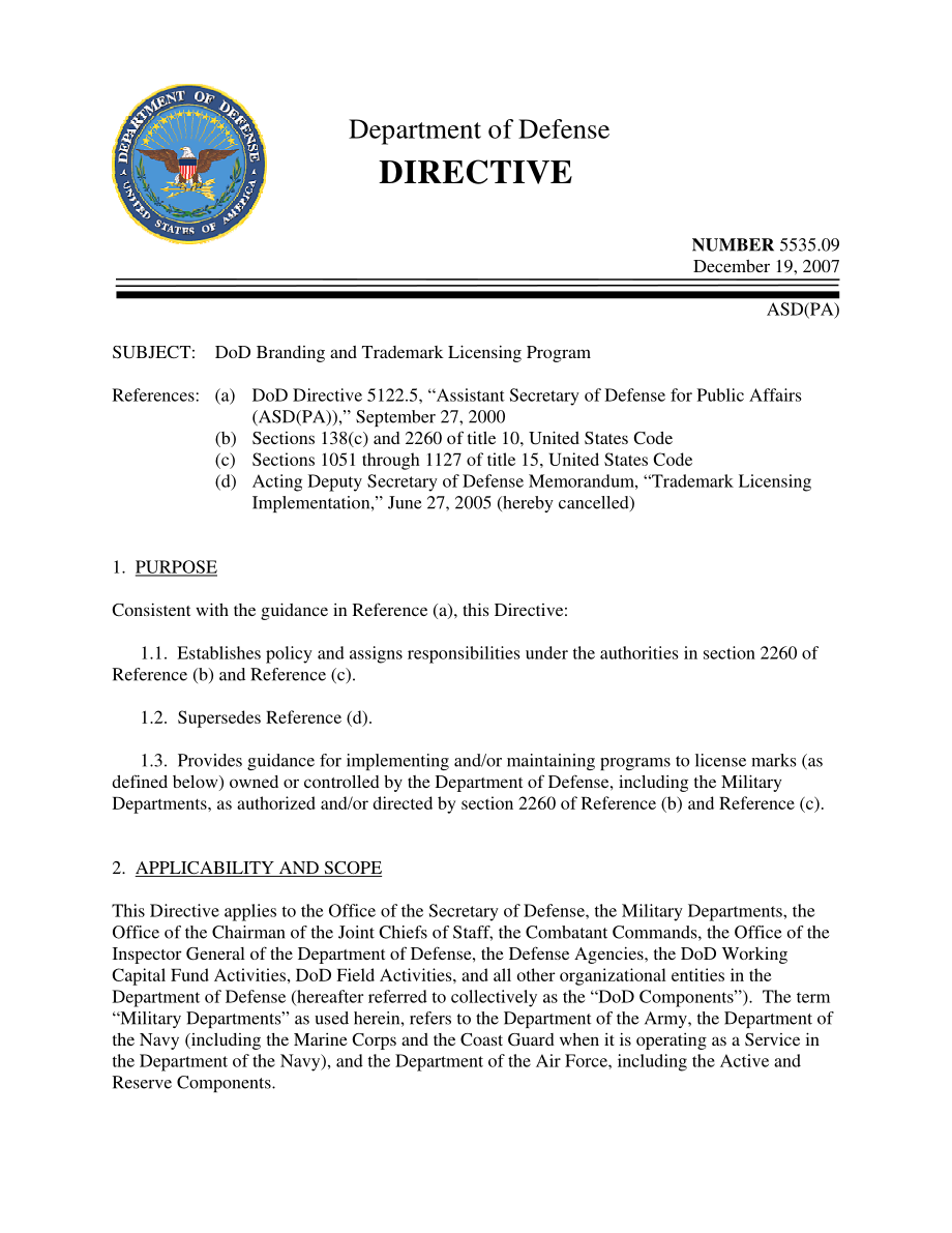DoDD 5535.09 国防部品牌和商标许可计划.pdf_第1页