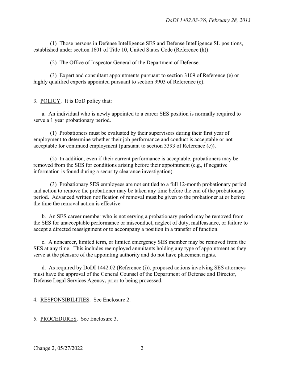 DoDI 1402.03 Volume 6 国防部第四权力中的高级行政服务（SES）、高级（SL）和科学与专业（ST）人员类别：试用期、纪律处分和撤职.pdf_第2页