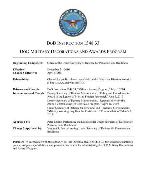 DoDI 1348.33 国防部军事装饰和奖项计划.pdf