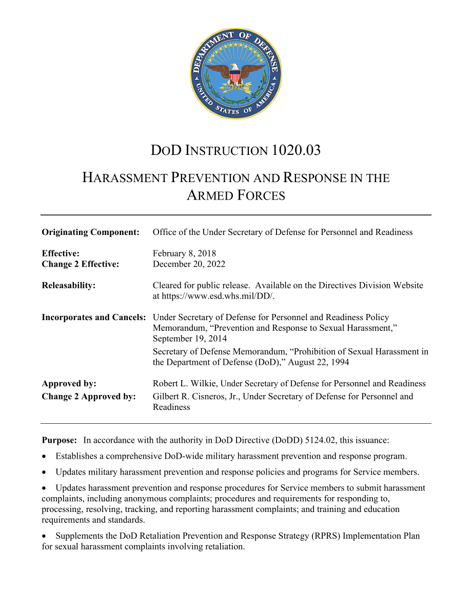 DoDI 1020.03 武装部队中的骚扰预防和应对.pdf_第1页