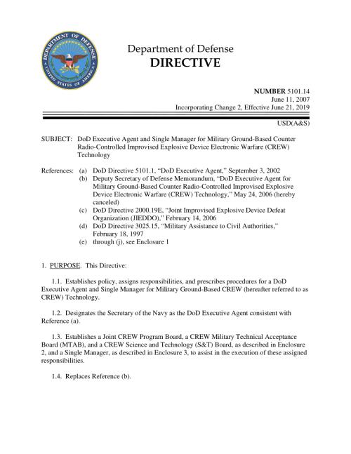 DoDD 5101.14 国防部军事地面反无线电控制简易爆炸装置电子战（机组）技术执行代理和单一经理.pdf