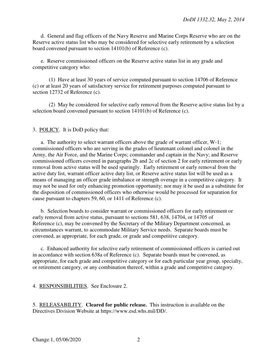 DoDI 1332.32 选择性提前退休或撤职现役名单、准尉现役名单或预备役现役名单上的军官.pdf_第2页