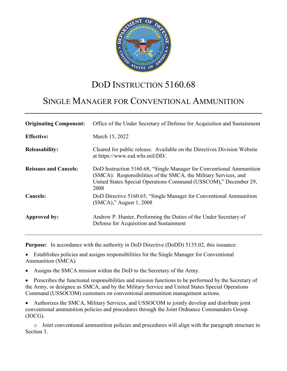 DoDI 5160.68 常规弹药单一管理器.pdf_第1页