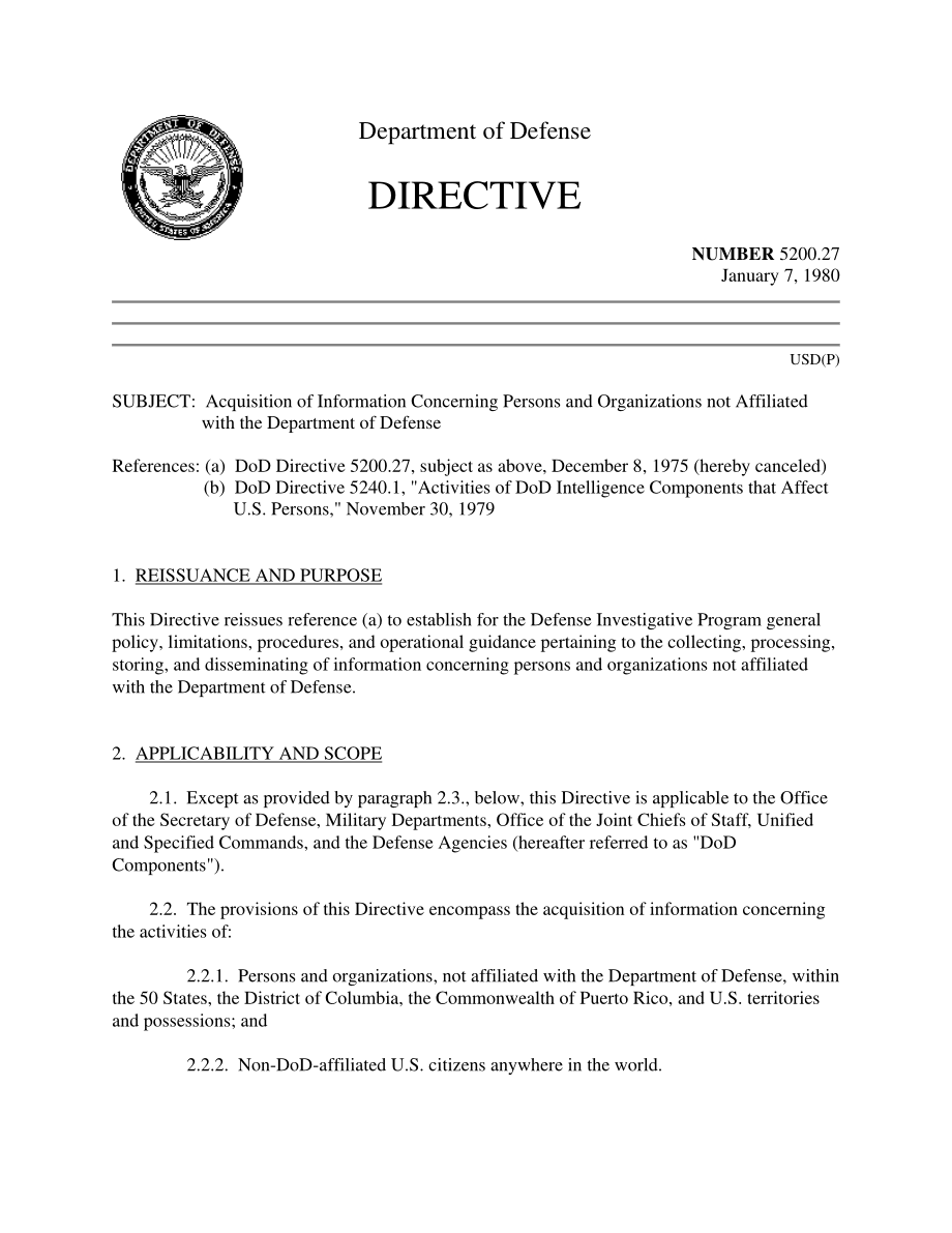 DoDD 5200.27 获取与国防部无关的个人和组织的信息.pdf_第1页