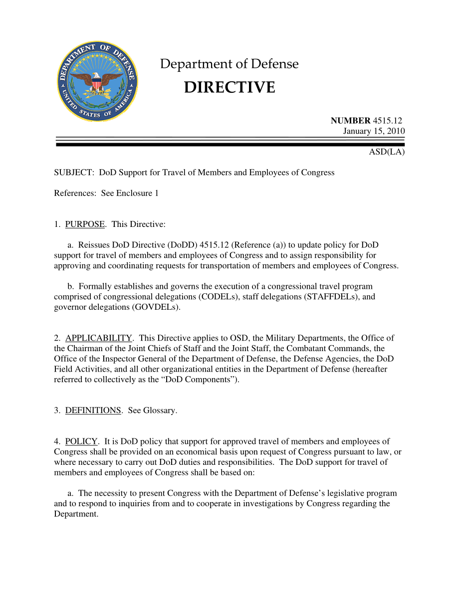 DoDD 4515.12 国防部支持国会议员和雇员的旅行.pdf_第1页