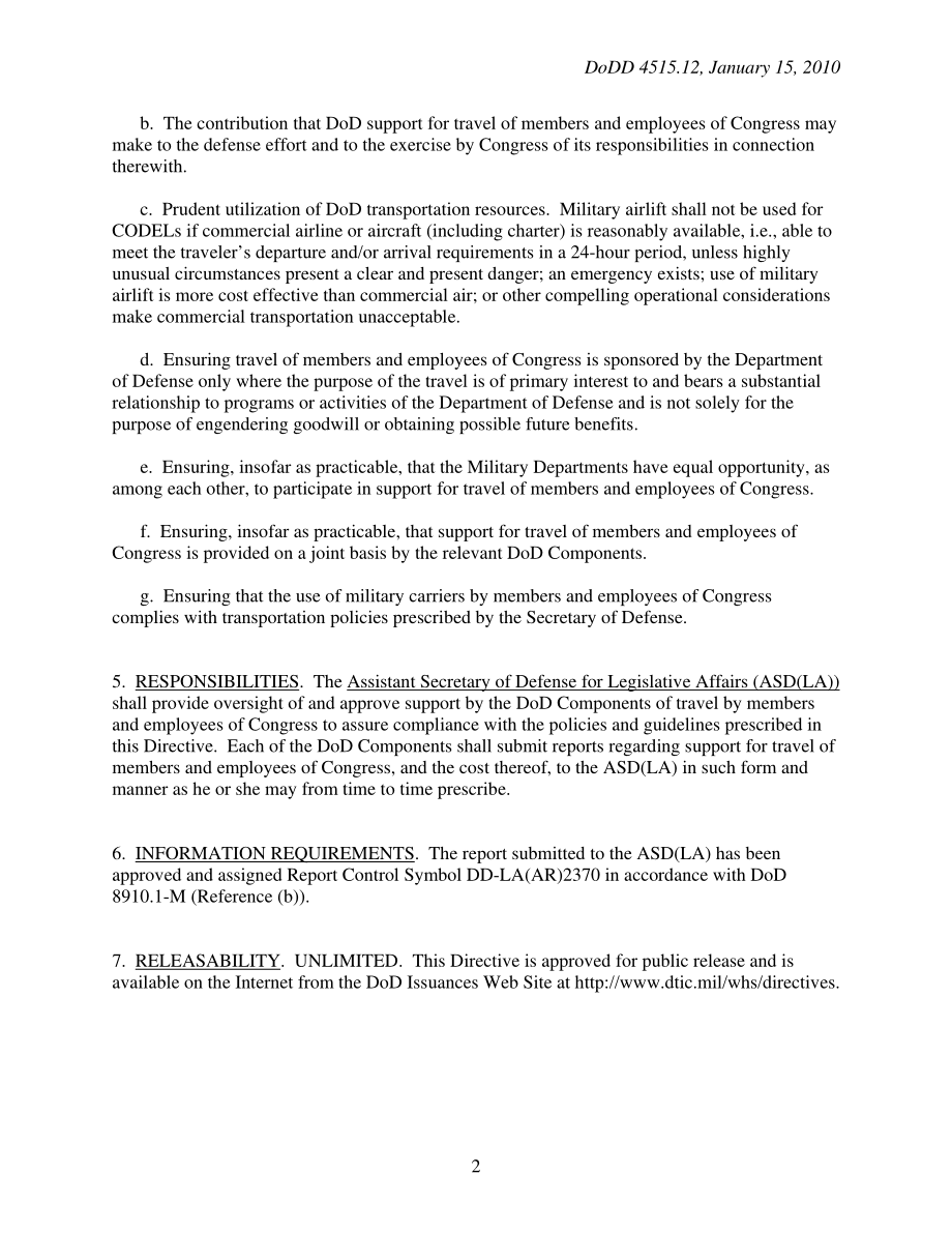 DoDD 4515.12 国防部支持国会议员和雇员的旅行.pdf_第2页