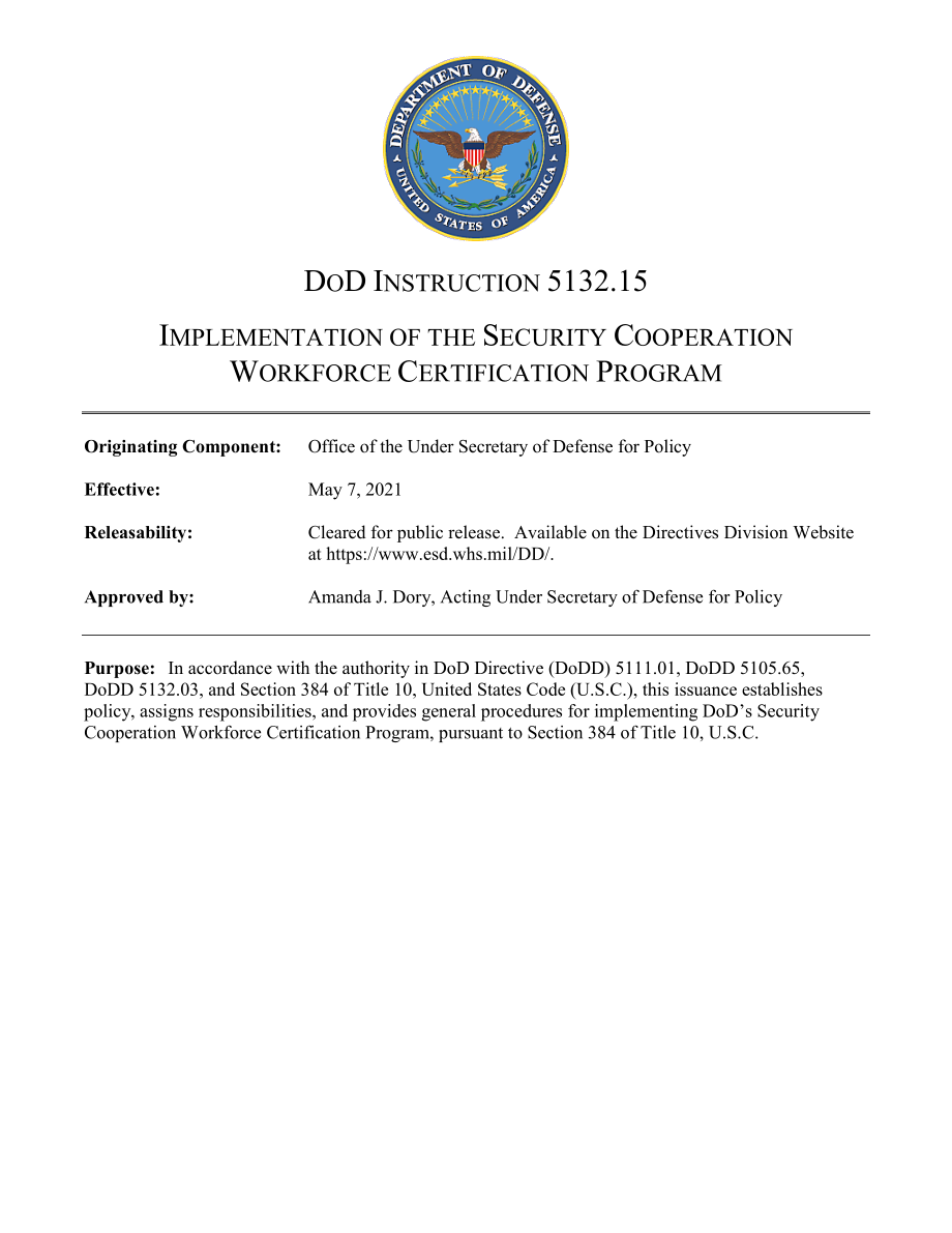 DoDI 5132.15 实施安全合作劳动力认证计划.pdf_第1页