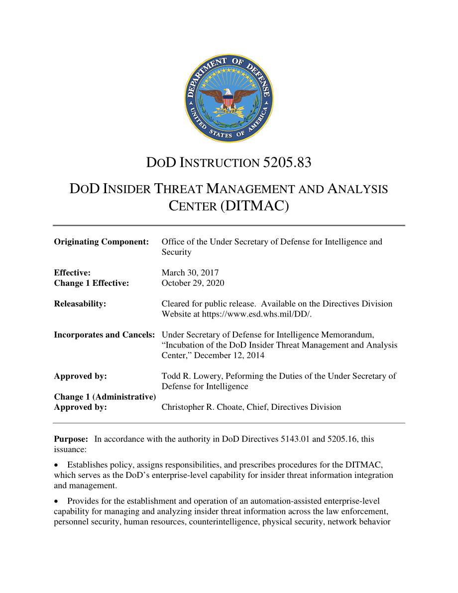 DoDI 5205.83 国防部内部威胁管理和分析中心（DITMAC）.pdf_第1页