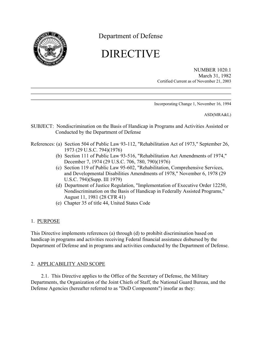 DoDD 1020.1 国防部协助或开展的计划和活动中基于残疾的非歧视.pdf_第1页