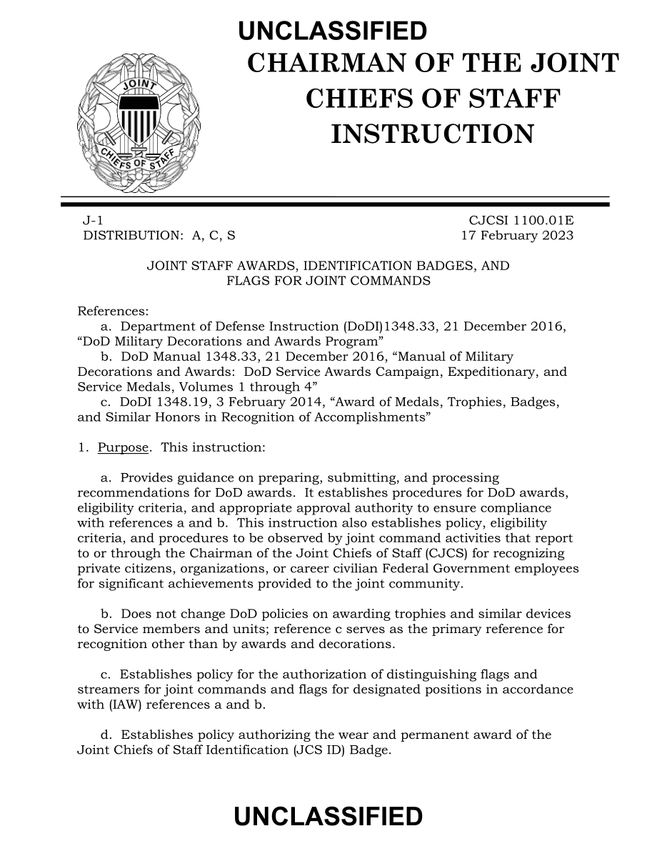 CJCSI 1100.01E 联合指挥部的联合参谋奖、识别徽章和旗帜.pdf_第3页