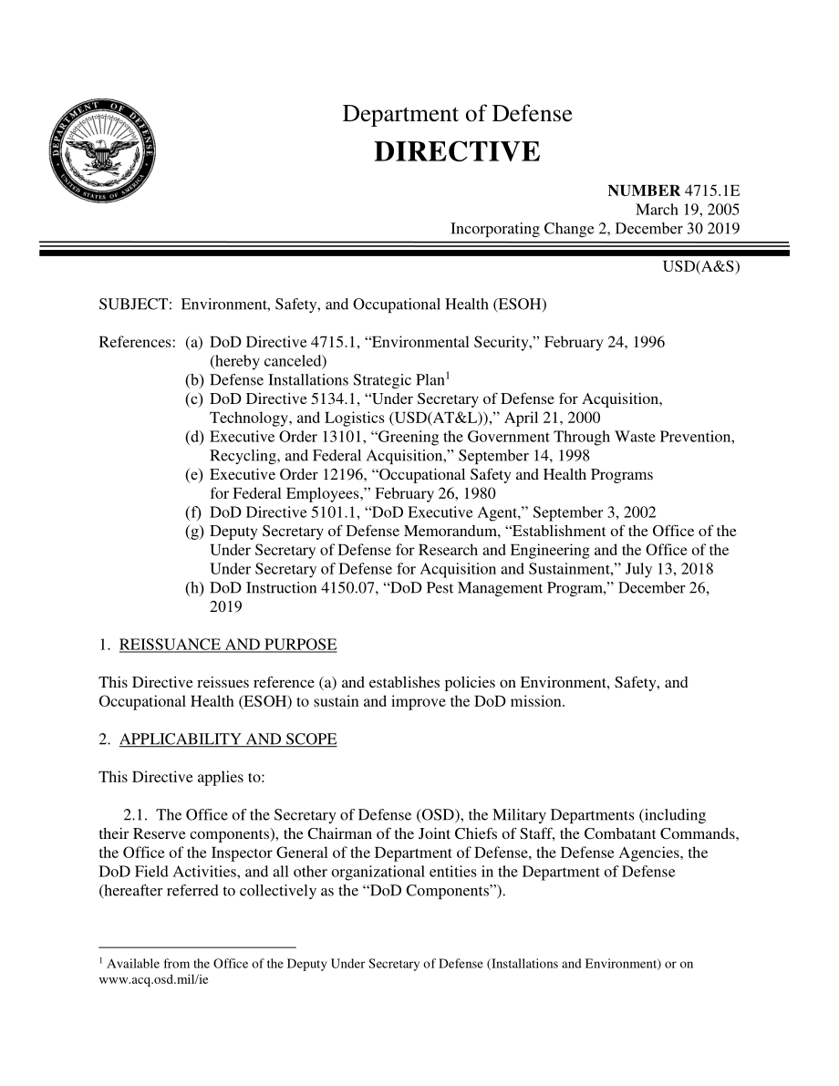 DoDD 4715.1E 环境、安全和职业健康（ESOH）.pdf_第1页