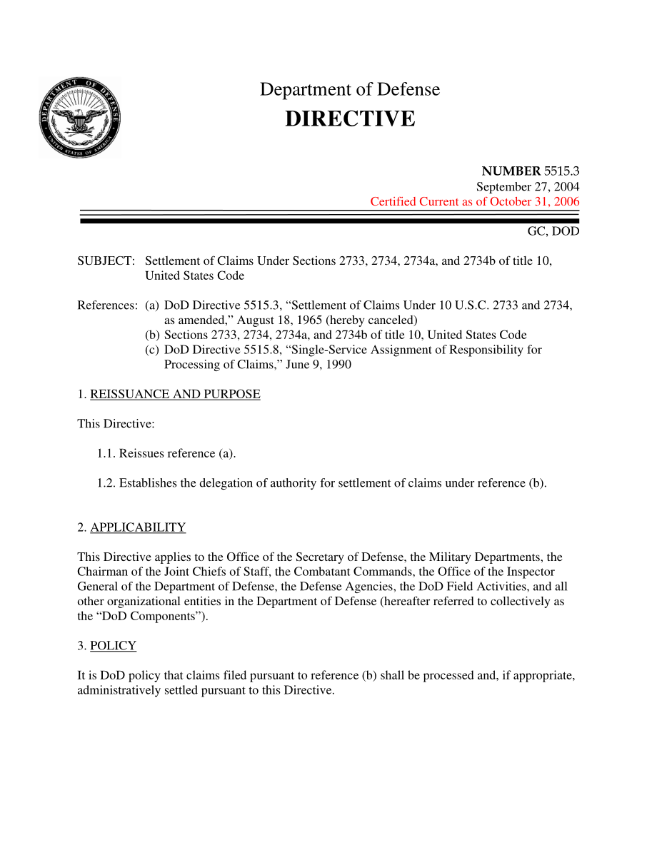 DoDD 5515.03 根据美国法典第10篇第2733、2734、2734a和2734b条解决索赔.pdf_第1页