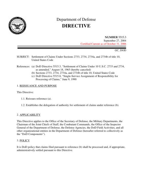 DoDD 5515.03 根据美国法典第10篇第2733、2734、2734a和2734b条解决索赔.pdf