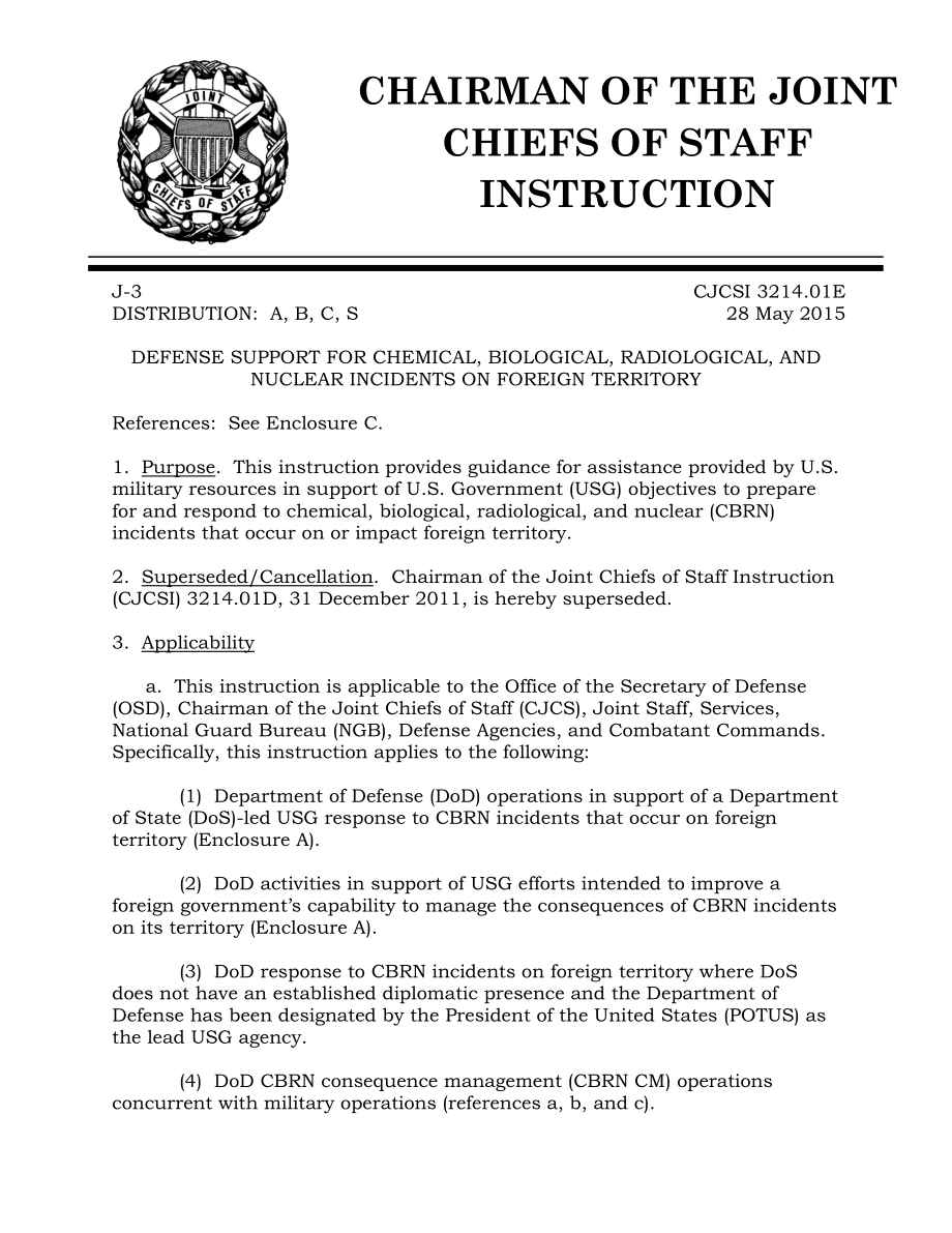CJCSI 3214.01E 对外国领土上的化学、生物、放射和核事件的防御支援.pdf_第1页