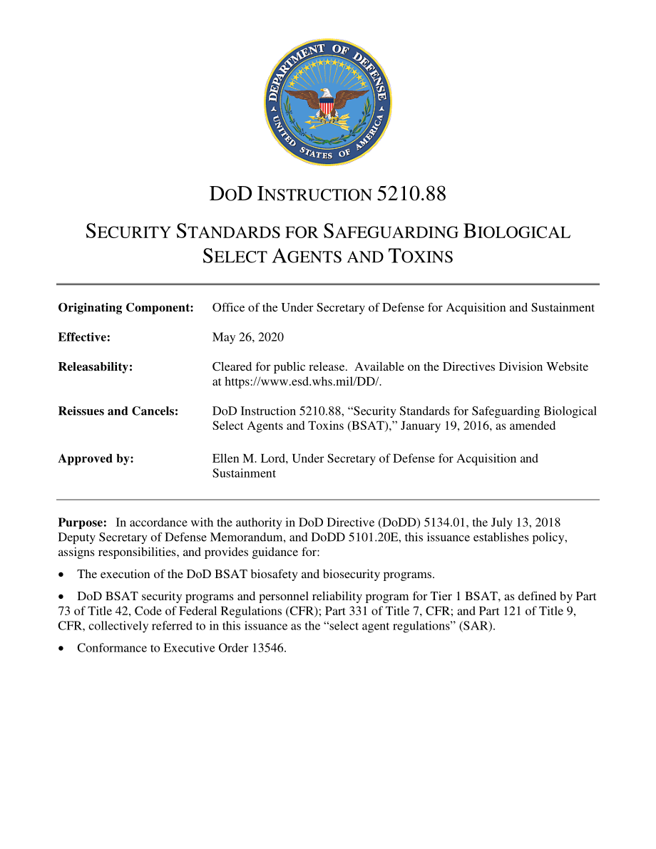 DoDI 5210.88 保护生物选择剂和毒素的安全标准.pdf_第1页