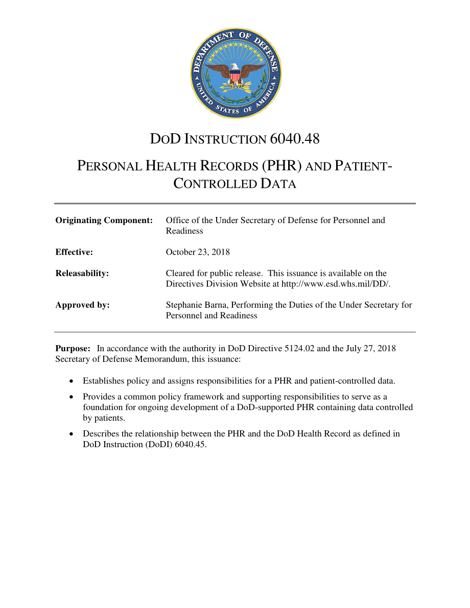 DoDI 6040.48 个人健康记录（PHR）和患者控制数据.pdf_第1页