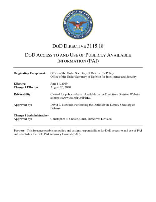 DoDD 3115.18 国防部获取和使用公开信息（PAI）.pdf