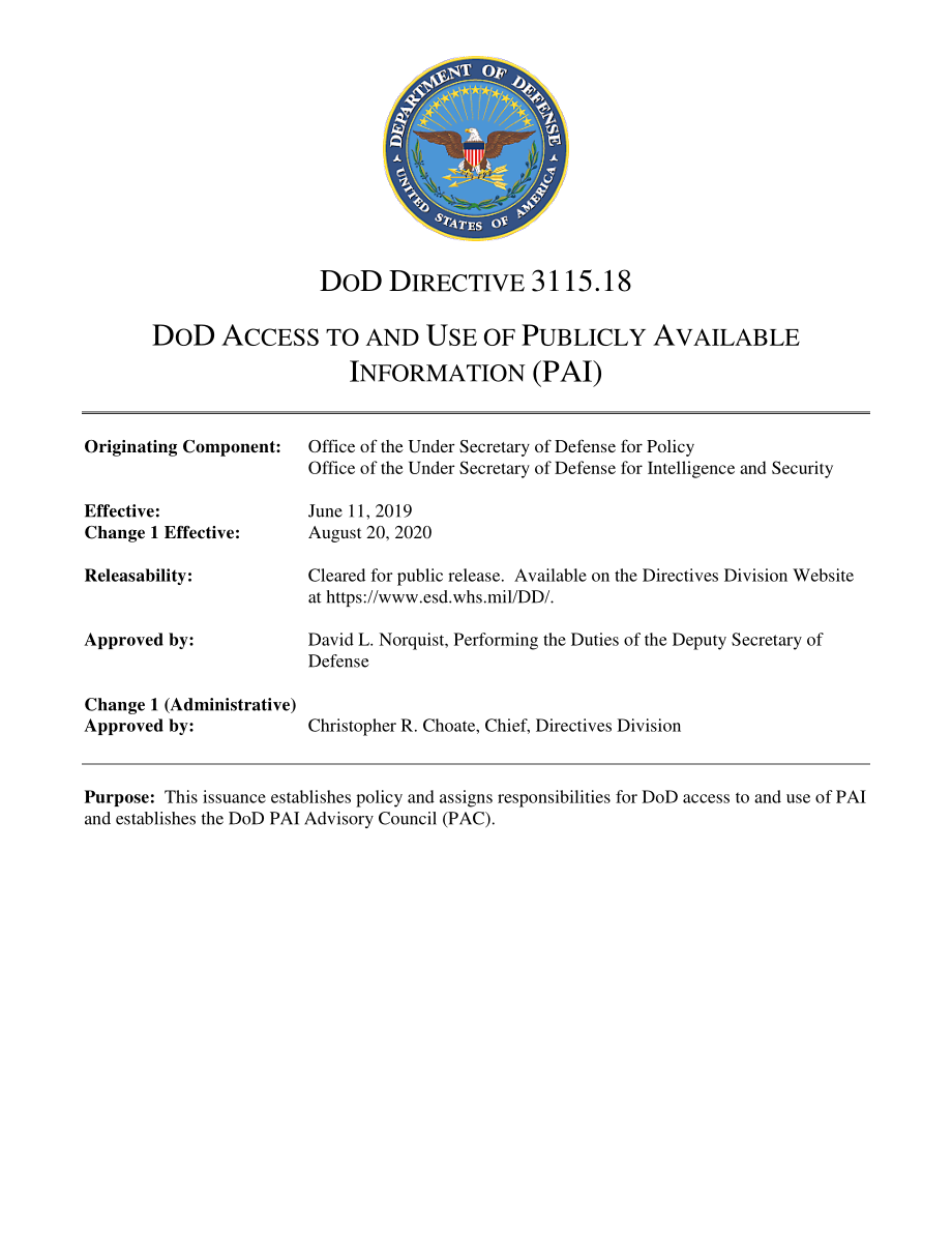 DoDD 3115.18 国防部获取和使用公开信息（PAI）.pdf_第1页