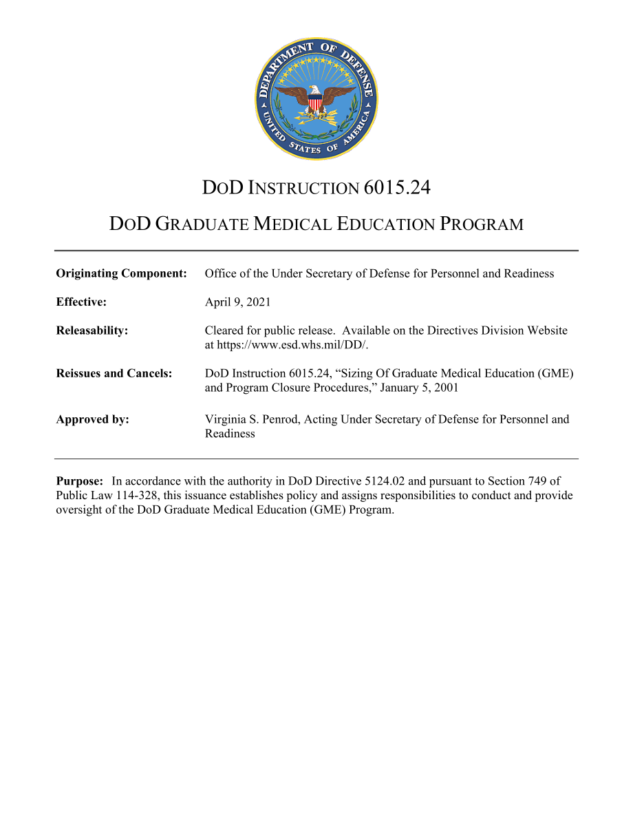 DoDI 6015.24 美国国防部研究生医学教育计划.pdf_第1页