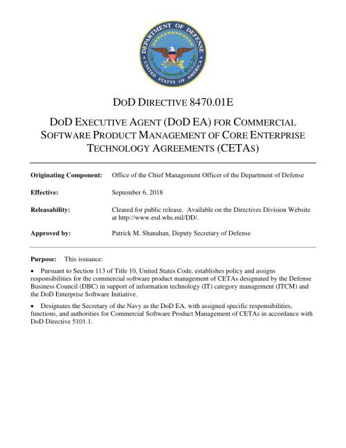 DoDD 8470.01E 国防部执行代理（DoDEA）负责核心企业技术协议（CETA）的商业软件产品管理.pdf