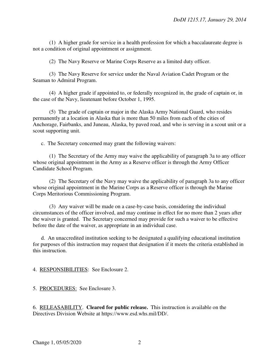 DoDI 1215.17 预备役部队一级中尉或中尉（初级）以上职级的教育要求.pdf_第2页
