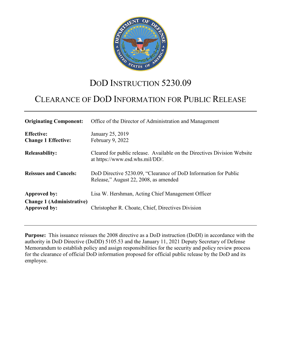 DoDI 5230.09 清除国防部信息以供公开发布.pdf_第1页