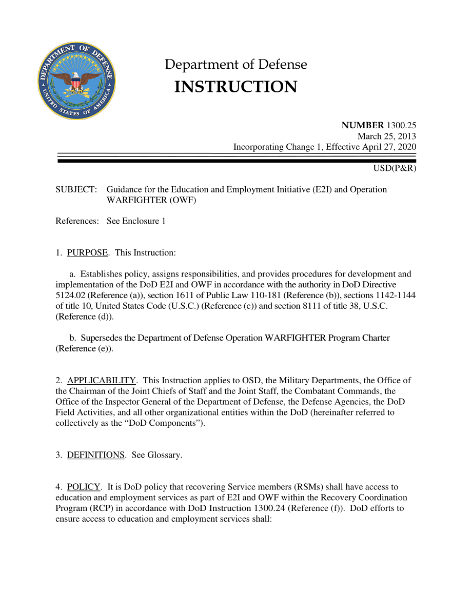 DoDI 1300.25 教育和就业倡议（E21）和作战行动（OWF）指南.pdf_第1页
