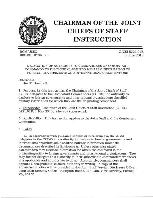 CJCSI 5221.01E 授予作战司令部指挥官向外国政府和国际组织披露机密军事信息的权力.pdf