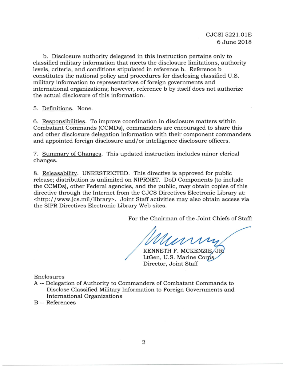 CJCSI 5221.01E 授予作战司令部指挥官向外国政府和国际组织披露机密军事信息的权力.pdf_第2页