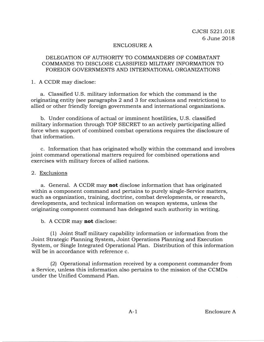 CJCSI 5221.01E 授予作战司令部指挥官向外国政府和国际组织披露机密军事信息的权力.pdf_第3页