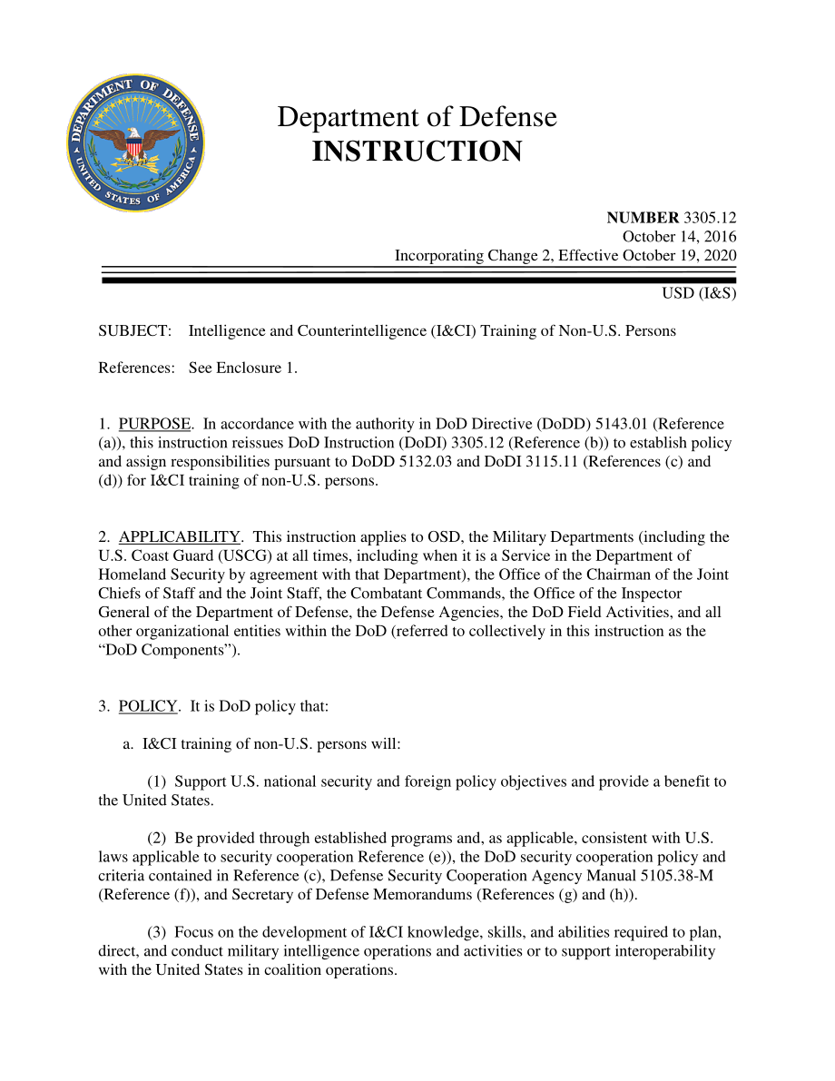 DoDI 3305.12 非美国人的情报和反情报（I&CI）培训.pdf_第1页