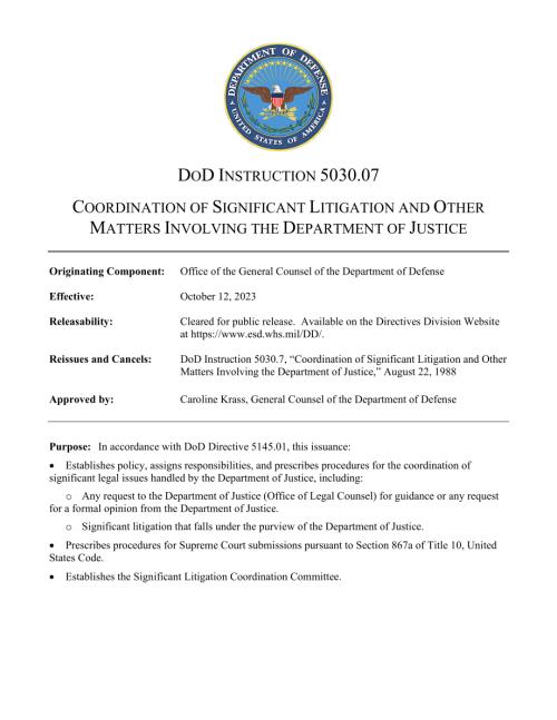 DoDI 5030.07 协调涉及美国司法部的重大诉讼和其他事项.pdf