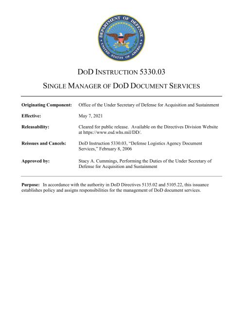 DoDI 5330.03 国防部文件服务的单一经理.pdf