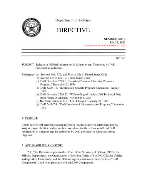 DoDD 5405.2 国防部人员作为证人在诉讼和证词中发布官方信息.pdf