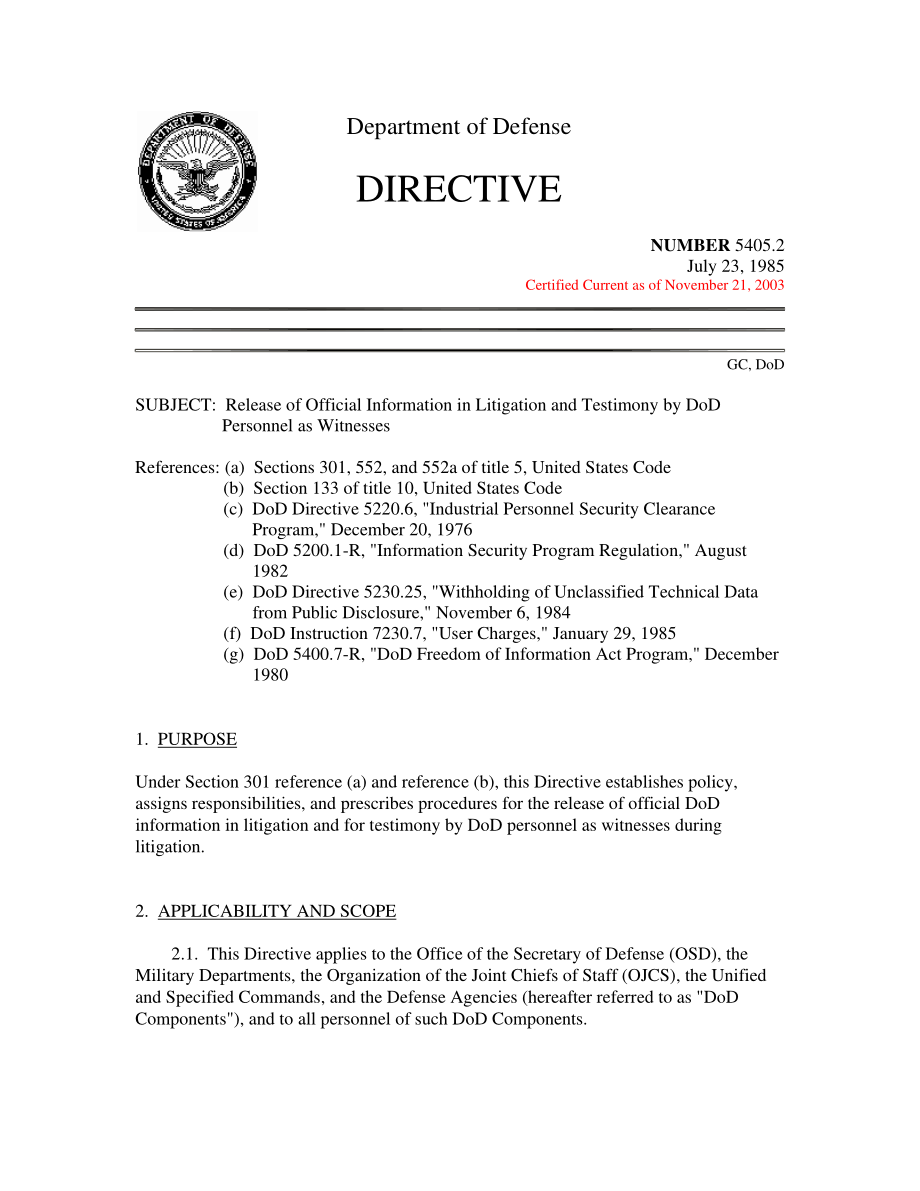 DoDD 5405.2 国防部人员作为证人在诉讼和证词中发布官方信息.pdf_第1页